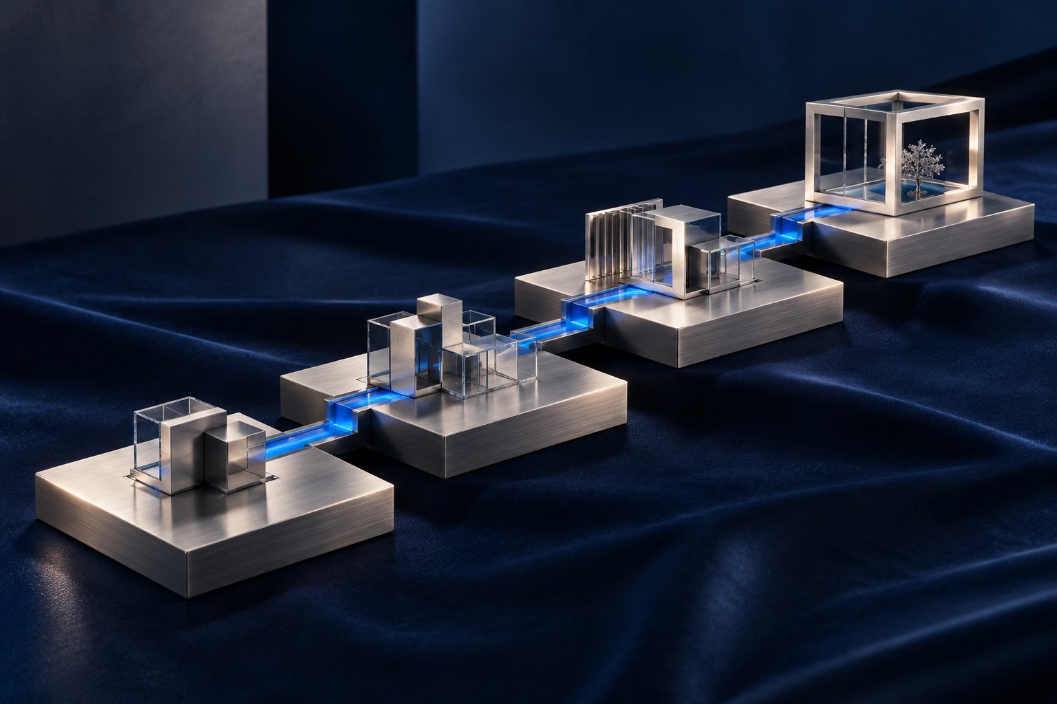 Stepped silver platforms connected by a blue path leading to an open silver frame