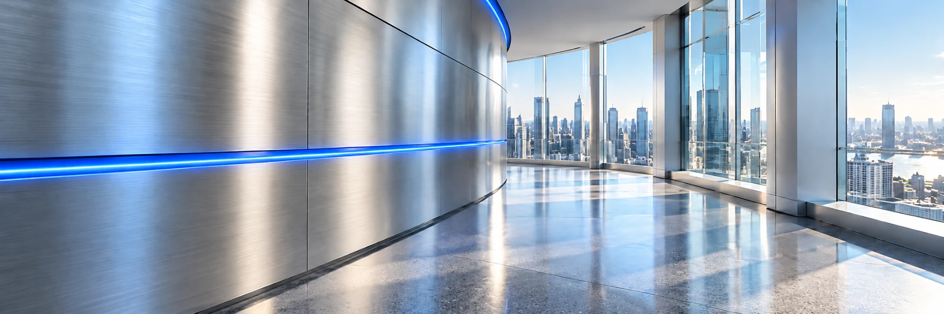Curved brushed-silver wall with an electric blue light strip opening toward sunlit windows and a city view